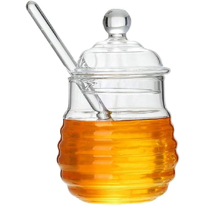 Szklany słoik na miód, przezroczysty słoik na miód z łyżeczką i pokrywką, szklany dozownik do syropu do pieczenia i śniadań, 250 ml