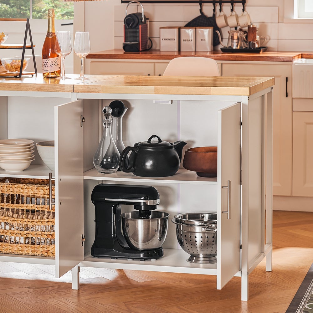 SoBuy îlot Central de Cuisine avec Plan de Travail en Bois d'hévéa,Placard de Cuisine avec 2 Portes, 4 Cubes Compartiments, Blanc, KNL09-WN - 5