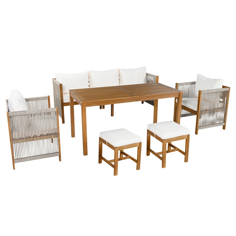 Conjunto Jardin Exterior 7 Personas,Sofa Exterior Terraza O Balcón,Outdoor Furniture, 1 Mesa+1 Sofá De 3 Plazas+2 Sillones+2 Taburetes,Tablero Acacia - 9
