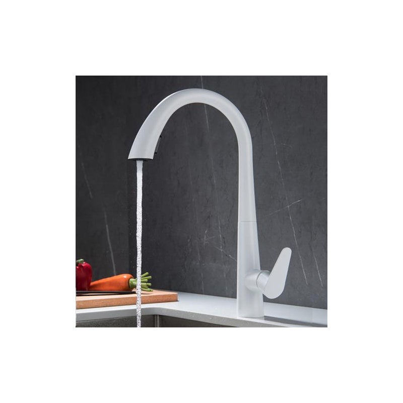 Bateria kuchenna z wyciąganą wylewką, obrotowa o 360°, jednouchwytowa, z ciepłą i zimną wodą, dostępna w kolorze białym ze stali nierdzewnej