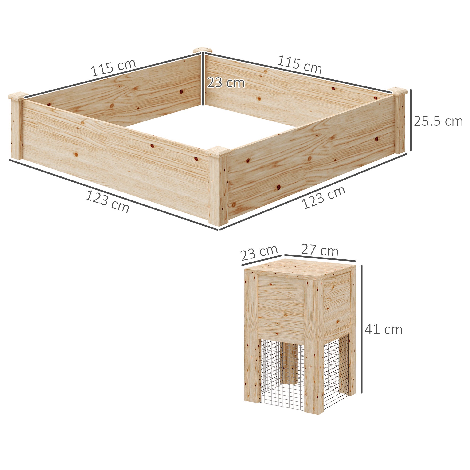 Outsunny Fioriera da Esterno in Legno di Abete con Compostiera e Fondo Aperto, 123x123x25.5 cm, color Legno - 3