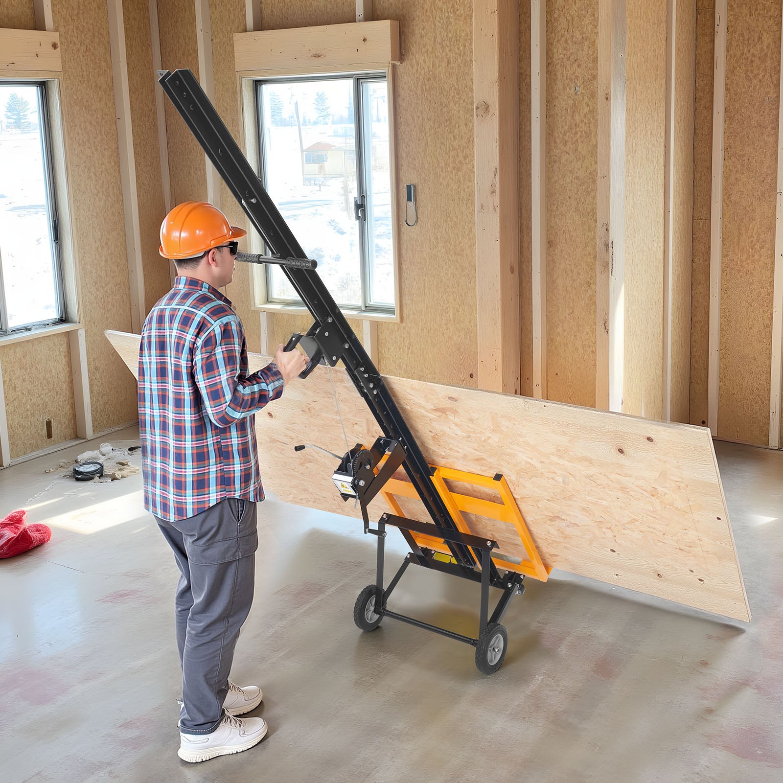 Elevador painéis VEVOR, capacidade 68 kg, para instalação em tectos e paredes, elevação painéis até 4 x 4,9 m, com rodízios, fácil transporte, amarelo - 8