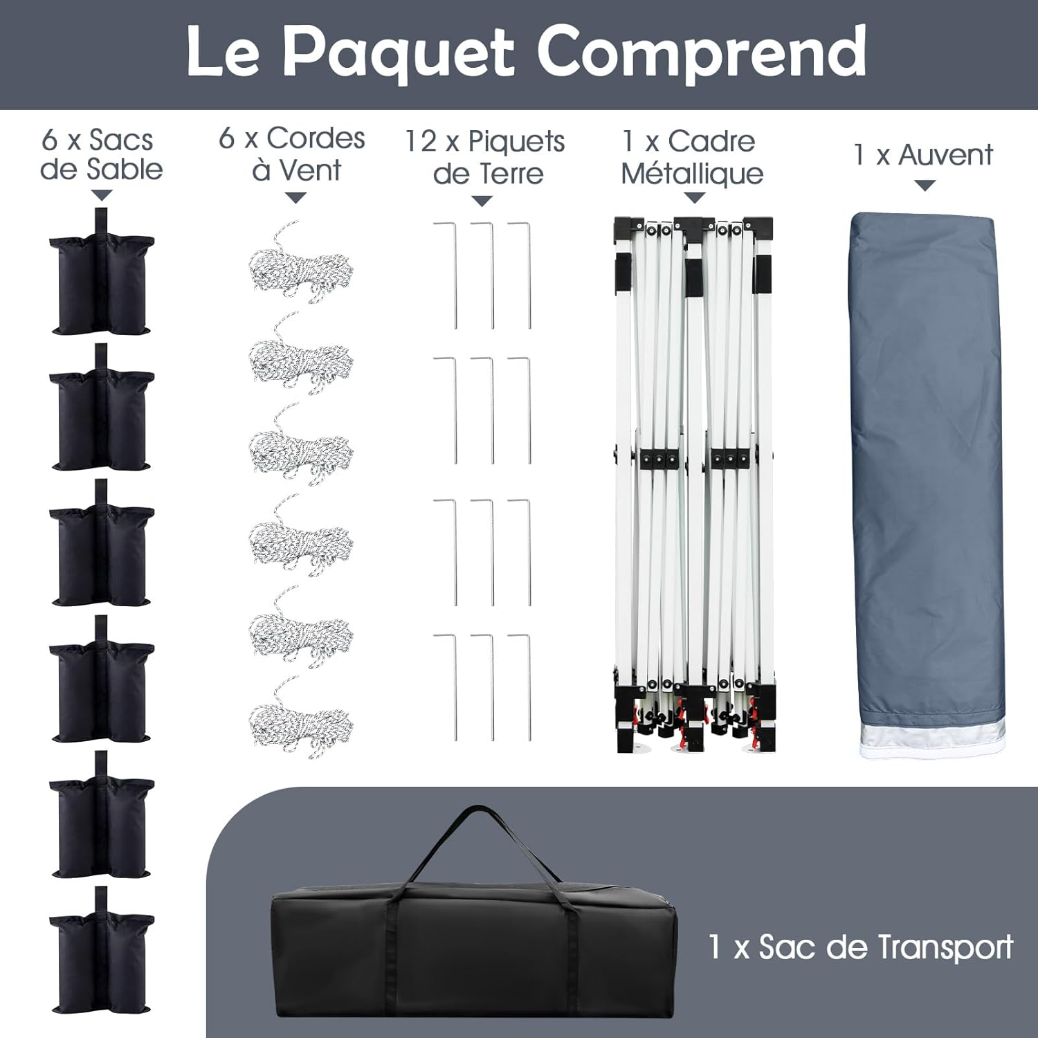 Tonnelle Jardin 3x6M Pop-Up Pliable, Hauteur Réglable, Sac de Transport, 6 Sacs de Sable, Pavillon Portable pour Fête, Mariage, Gris - 6