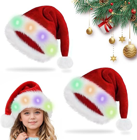 Czapka świąteczna LED z pluszu, 2 sztuki pluszowej czapki świątecznej, czapka Mikołaja, czapka Mikołaja, czapka Mikołaja, czapka Mikołaja LED