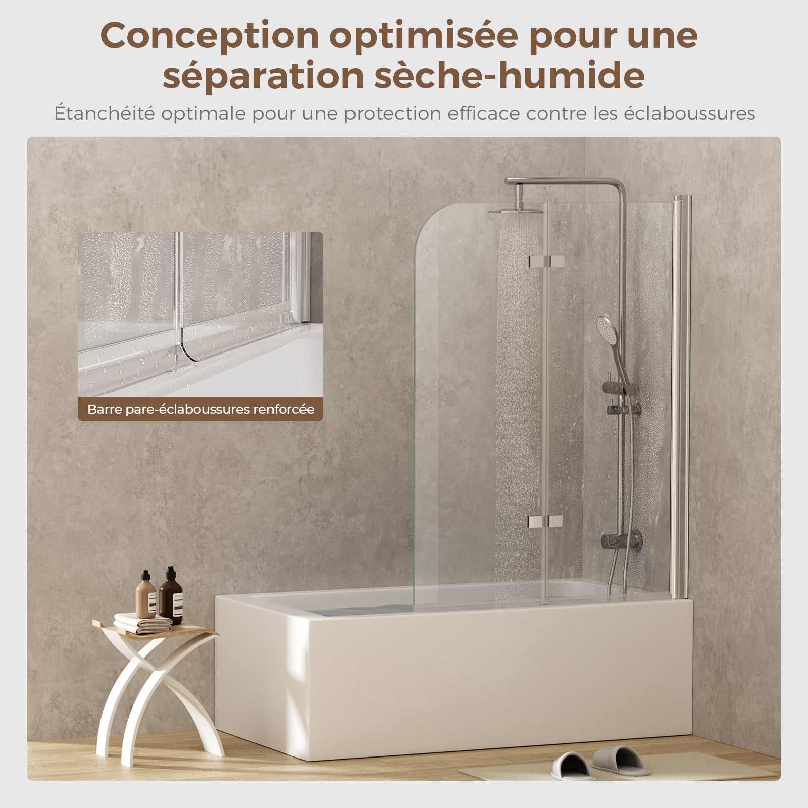 Paroi de baignoire pivotante 2 panneaux, verre trempé 6 mm anticalcaire, aluminium argenté, 120x140 cm, pare-baignoire moderne - 5