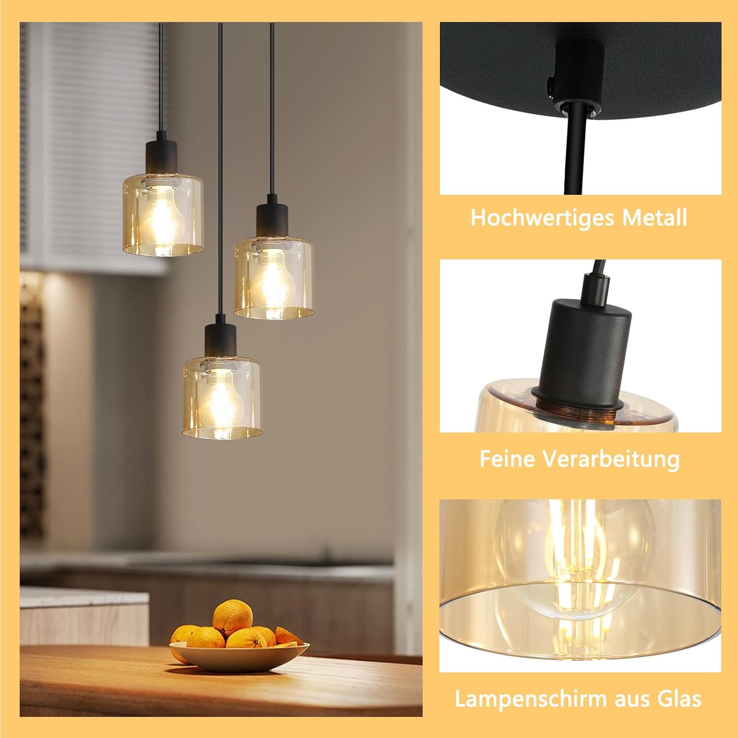 NETTLIFE Suspension Table à Manger Lampe Suspendue Vintage 3 Ampoules Lampe de Table à Manger Suspendue E27 Métal Noir Rétro Industriel - 3