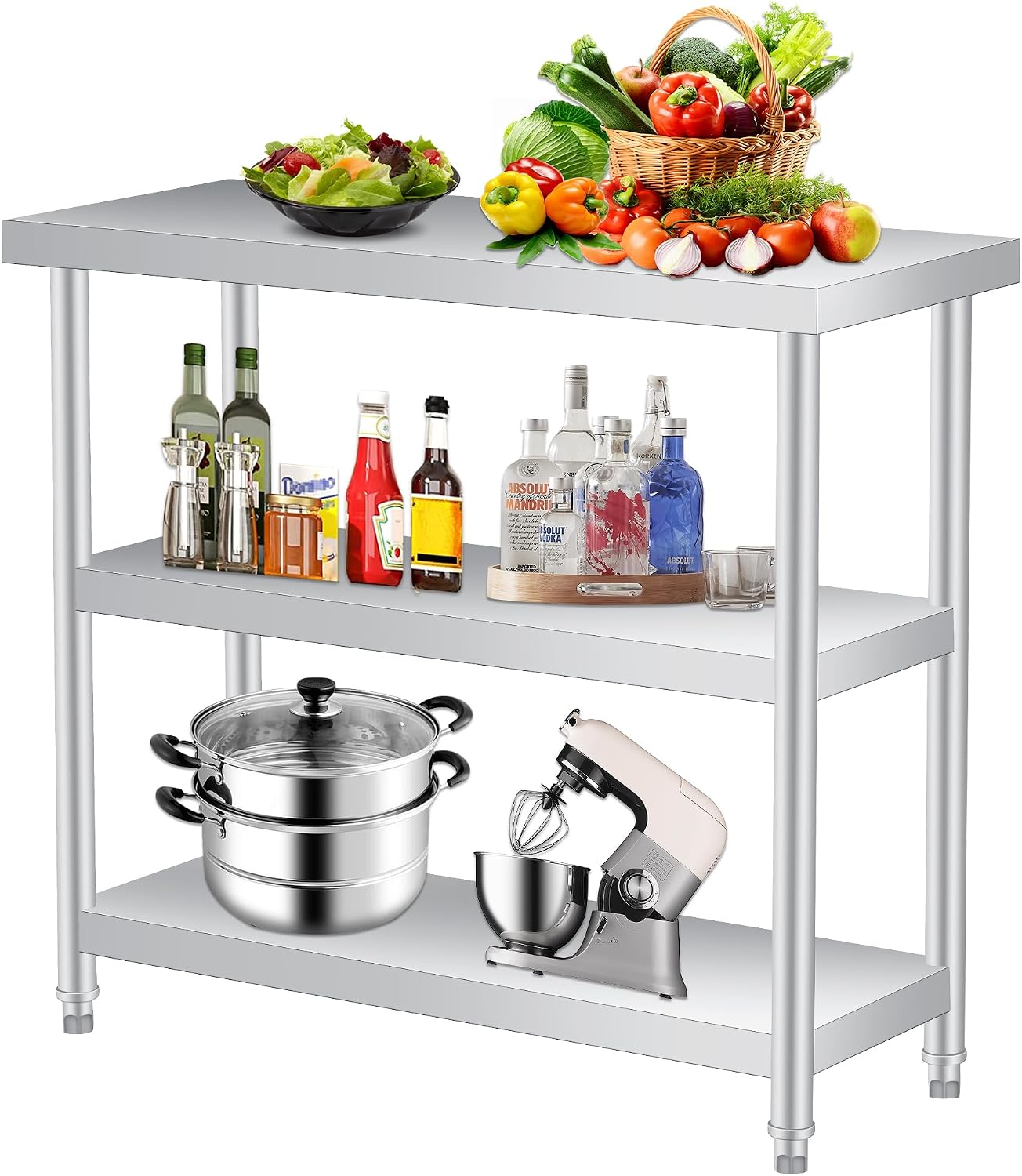 Stainless Steel Table, 14 x 24 x 34 in, 3-Tier Metal Prep Table | Leroy ...