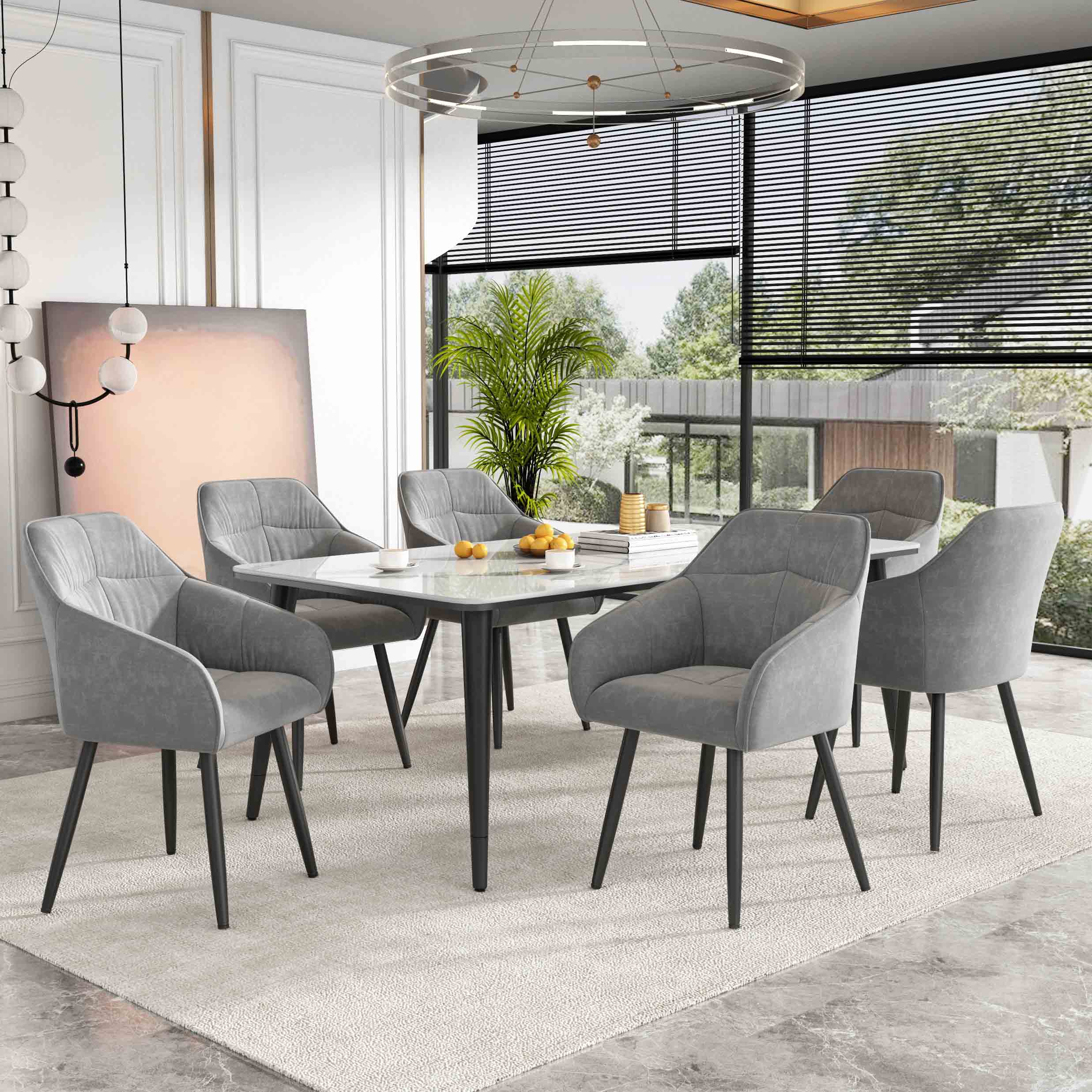 Sillas de comedor (6), silla tapizada con patas de metal, tapizada con revestimiento de terciopelo, patas delanteras ajustables, gris