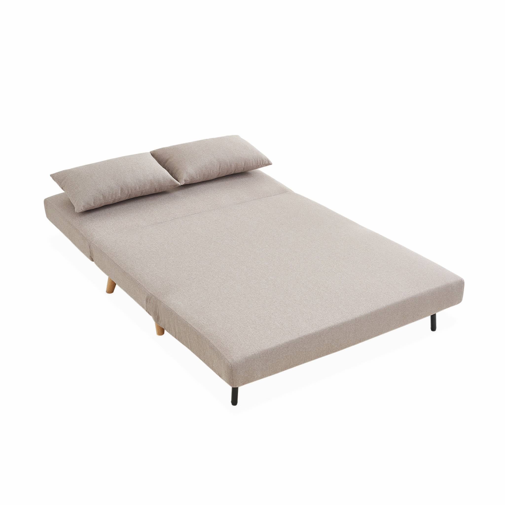 Divano letto a 2 posti in tessuto, gambe in legno, Beige - 7