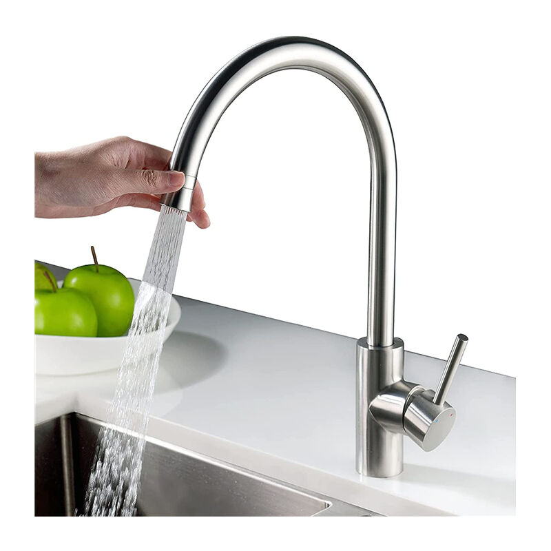 Bateria kuchenna szczotkowana, 2 strumienie do wyboru, bateria zlewozmywakowa, wylewka zakrzywiona, obrotowa o 360°, stal nierdzewna 304