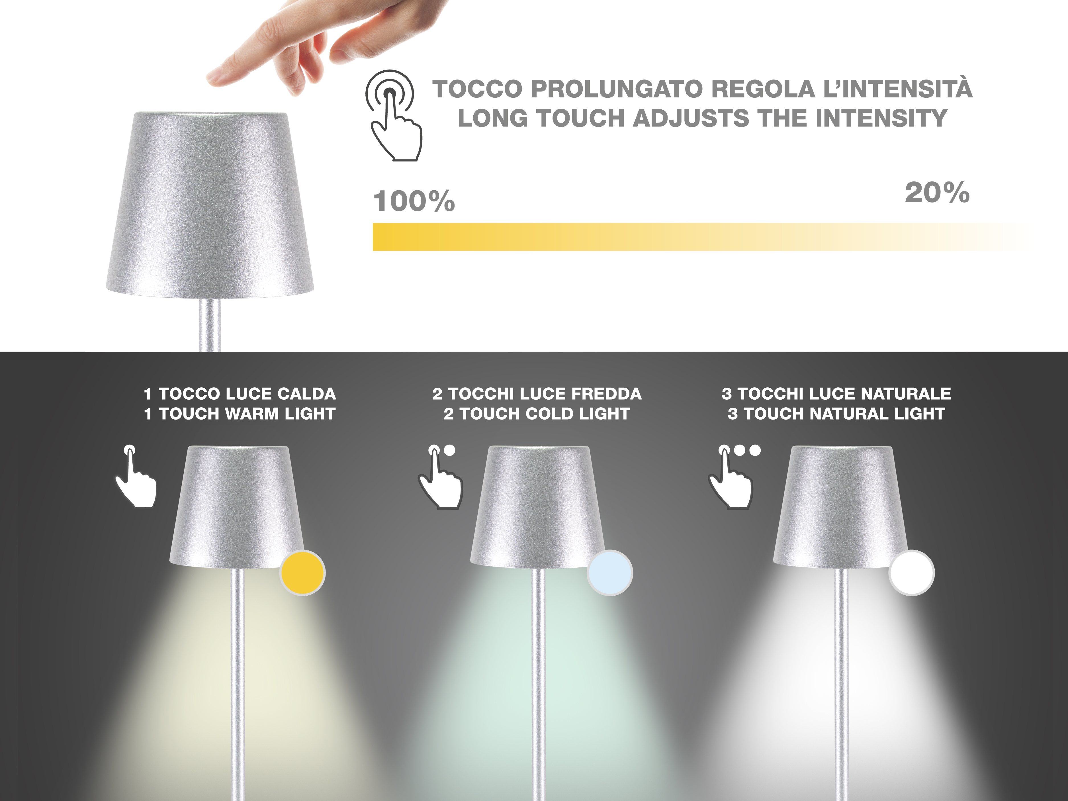 BEPER P201UTP117 Lampada da Tavolo Senza Fili 2in1, Lampada Touch da Scrivania, 1,5W, Adattatore per bottiglie incluso, Argento - 3