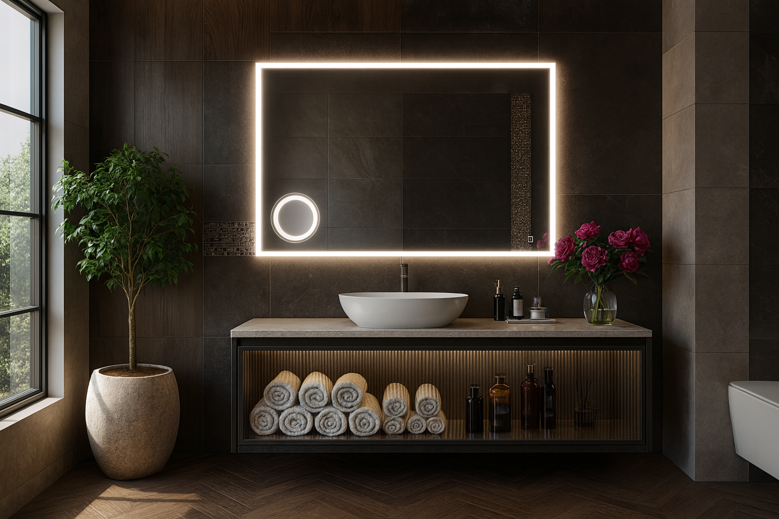 COSMETIC LINE lustro w srebrnej ramie z oświetleniem LED 65 x 100cm