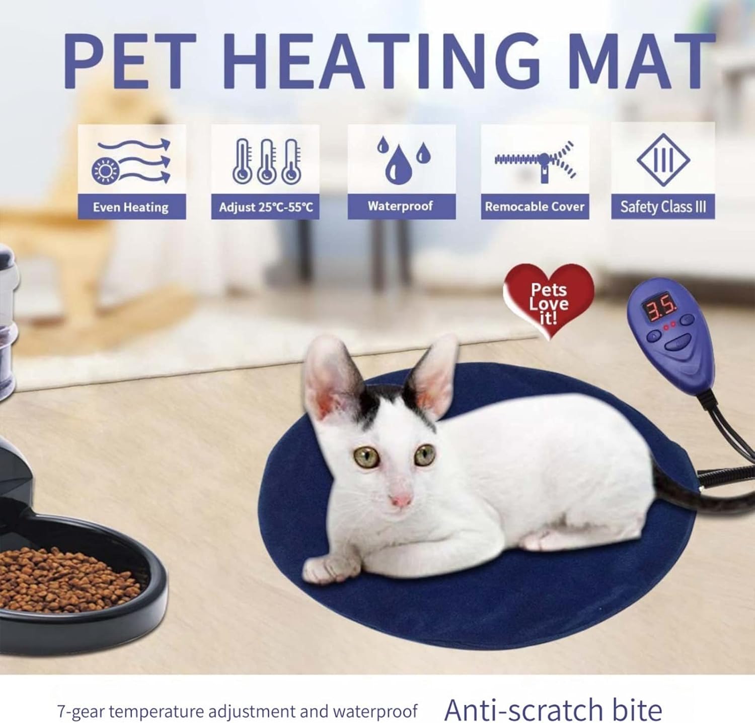 Tappetino Riscaldante Elettrico 40x70 Cm Per Cani E Gatti, Con Timer, 6 Temperature E Rivestimento Lavabile, Impermeabile