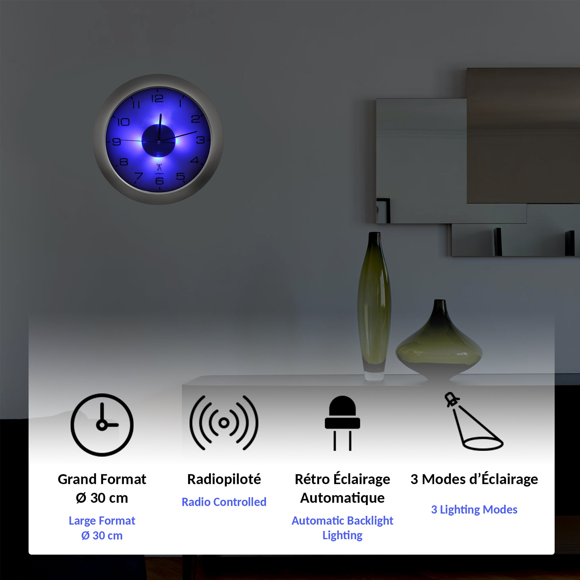 Orologio da parete luminoso LED radiocontrollato FISHTEC Ø30 cm 3 modalità di illuminazione Silenzioso ABS 4 pile AA Decorazione muro - 2