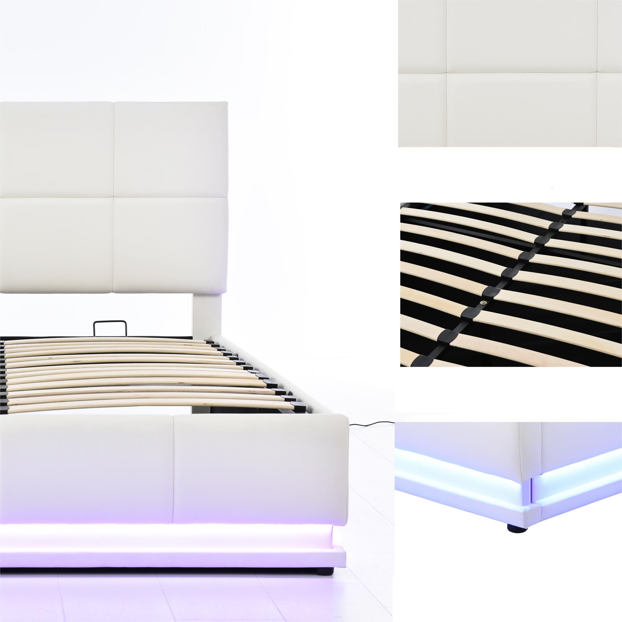 Cama contenedor tapizada 140x200 cm con iluminación LED - en símil piel - Blanco - 4