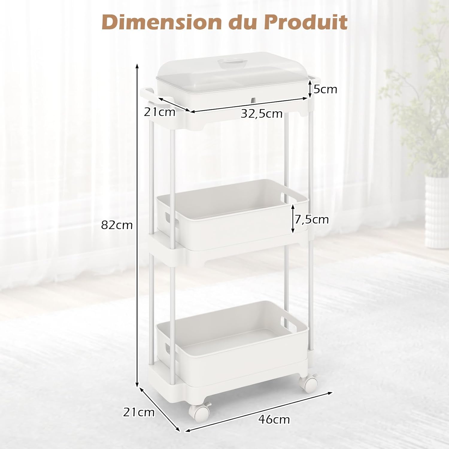 Carrello a 3 Livelli con Ruote Bloccabili, Carrello di Stoccaggio con Coperchio e Scaffali Rimovibili, Struttura in Lega di Alluminio, per Sog - 3