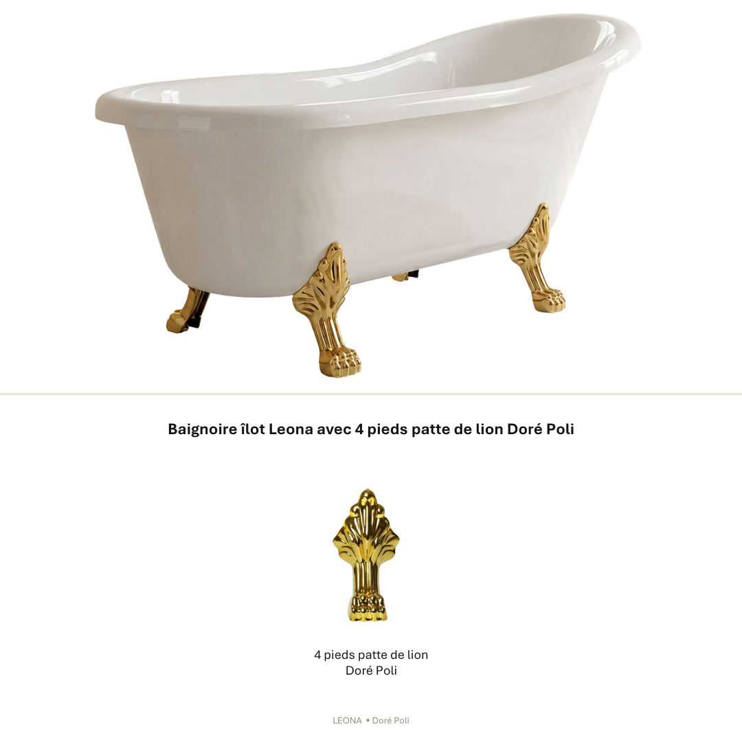 Baignoire îlot rétro 160x75 cm - 4 pieds patte de lion Doré Poli - Leona - 2