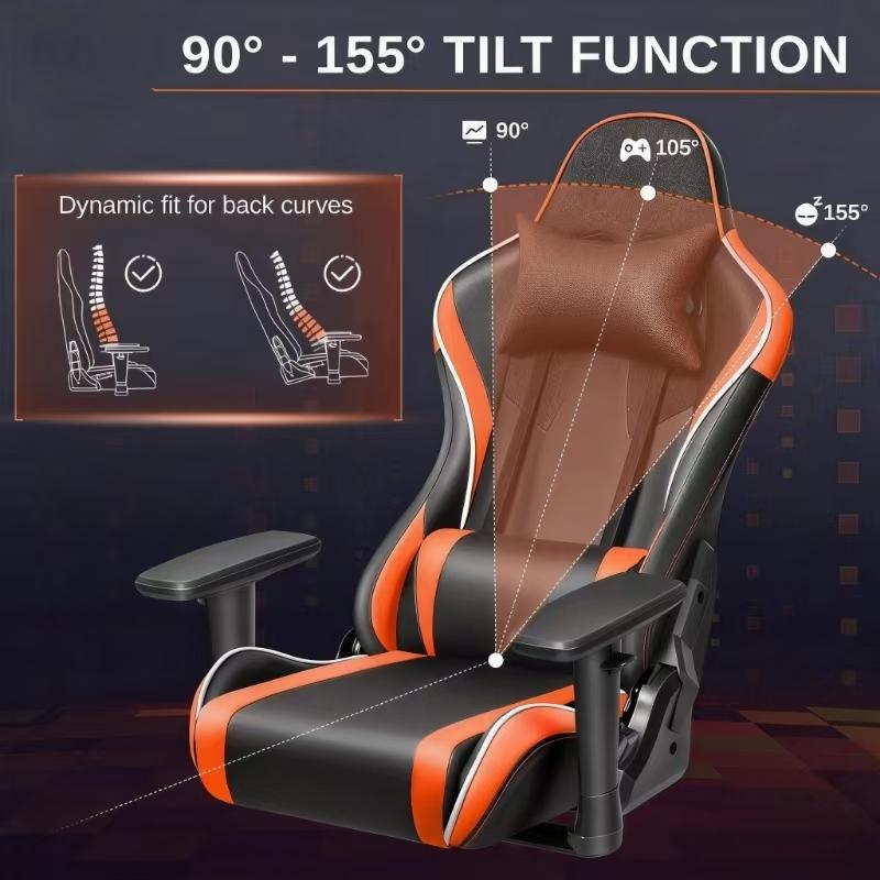 Chaise gaming ergonomique réglable en hauteur avec appui-tête et soutien lombaire, fauteuil bureau pivotant noir/orange - 5
