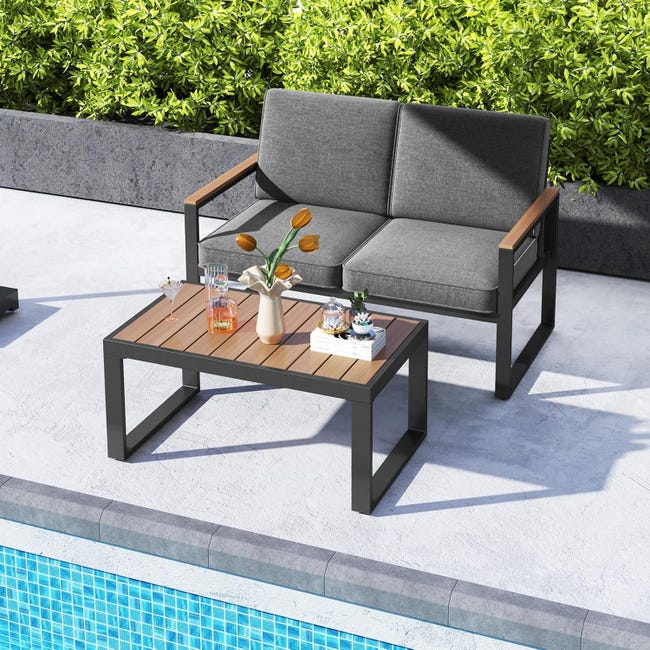 Set Giardino Rattan Antracite – 2 Poltrone + Tavolo, Outdoor/Indoor, Impermeabile, Spetebo