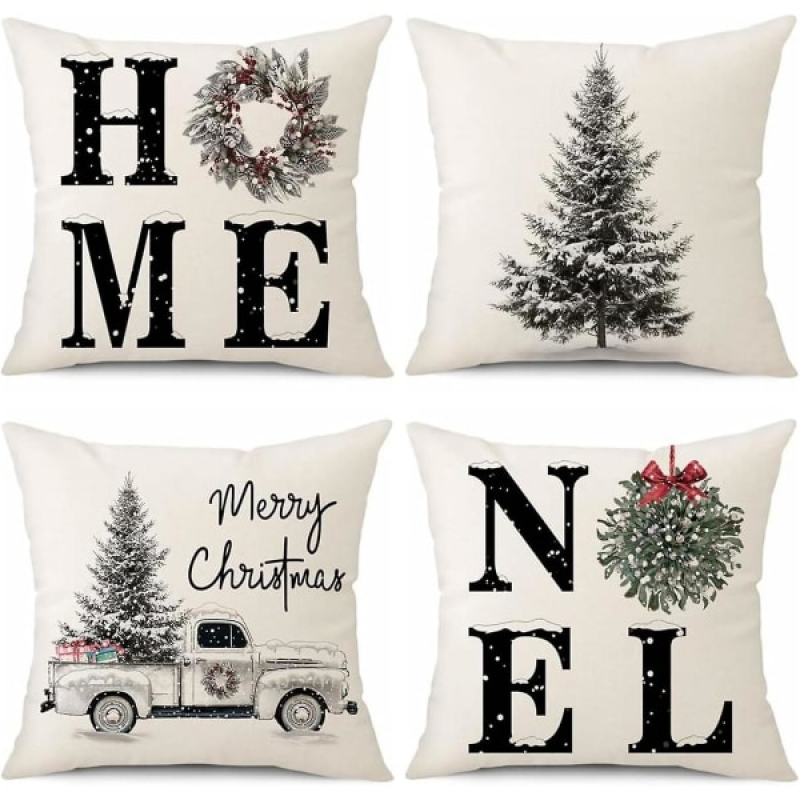 Juego de 4 fundas de almohada navideñas, fundas de almohada de lino decorativas, fundas de almohada navideñas en cuatro juegos