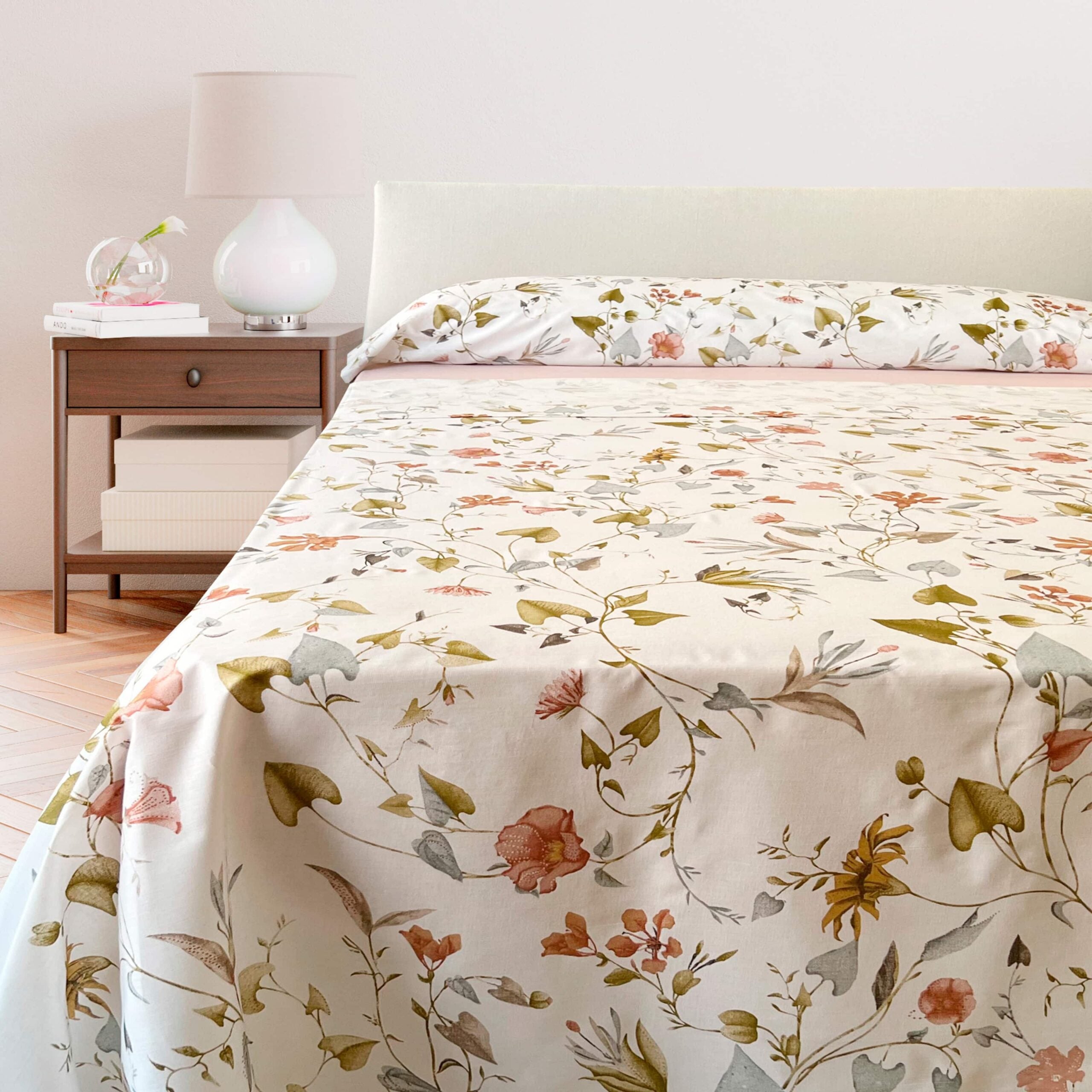 Juego de sábanas 100% algodón blancas flor ginko 3 piezas - cama 90 cm