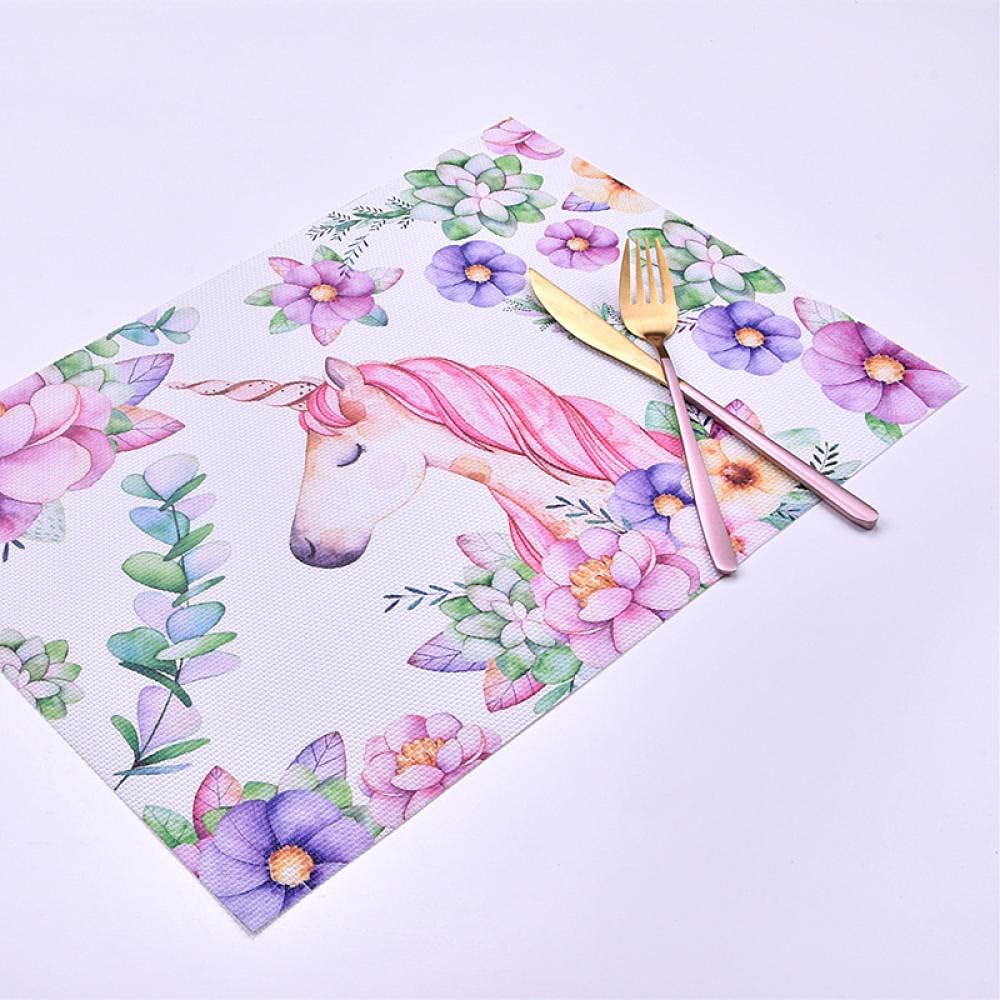 Zestaw podkładek z motywem jednorożca z kreskówki, 2 zmywalne podkładki z tworzywa PVC, prostokątne podkładki antypoślizgowe, odporne na ciepło