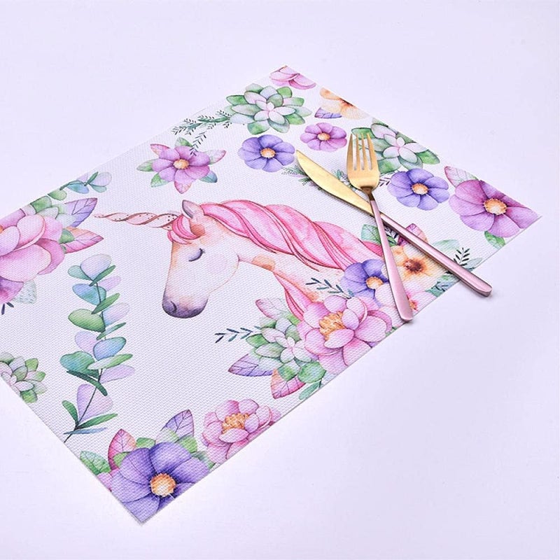 Zestaw podkładek z motywem jednorożca z kreskówki, 2 zmywalne podkładki z tworzywa PVC, prostokątne podkładki antypoślizgowe, odporne na ciepło