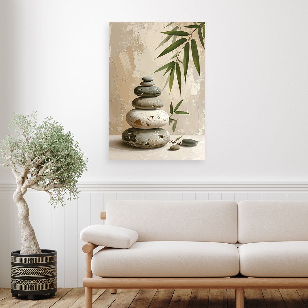Obraz do salonu sypialni biura, Kamienie zen spa liście bambusa w beżu 80x120 - 2