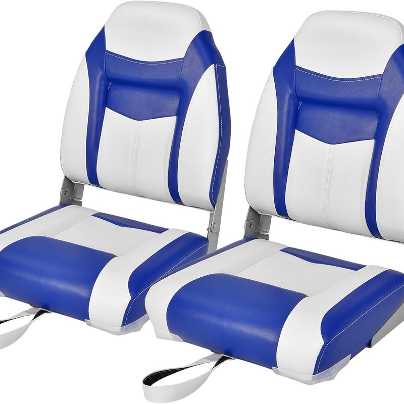 Fotel z wysokim oparciem, składane krzesło do łodzi z wyściółką z gąbki o grubości 10 cm, wyściełane krzesło sterujące do łodzi (niebiesko-białe)