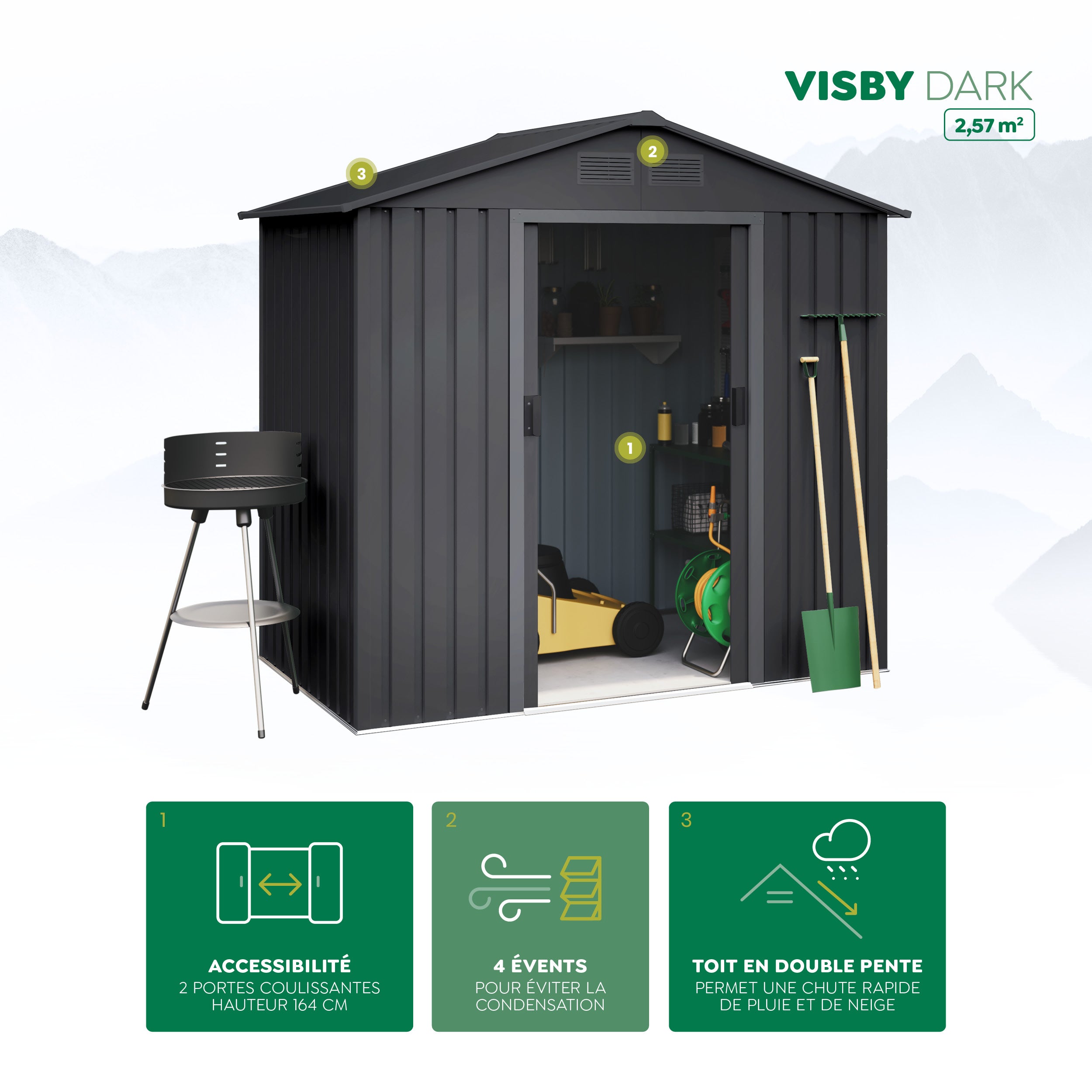 Casetta da giardino in metallo 2,57m2 Visby Dark - Porta scorrevole - Tetto a capanna - Capanno da esterno - 3