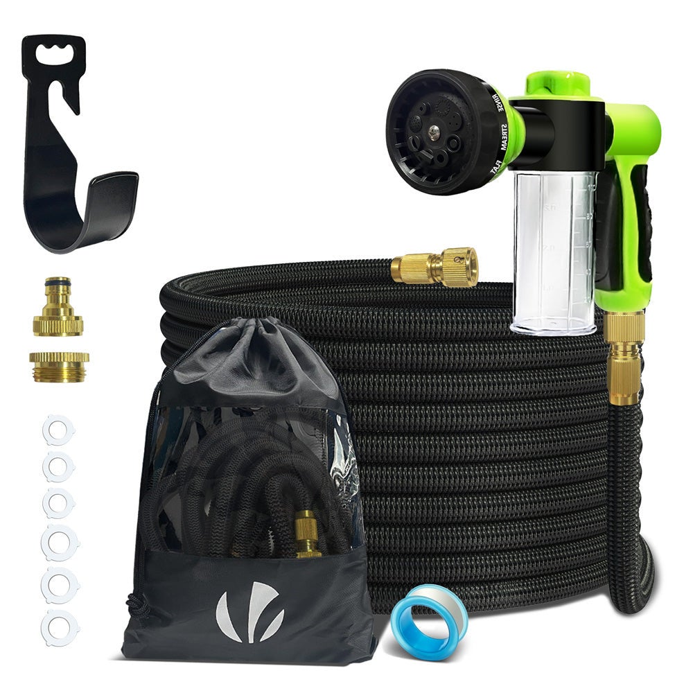 Tuyau D’Arrosage Extensible 15m Avec Récipient Savon Et Accessoires Vert