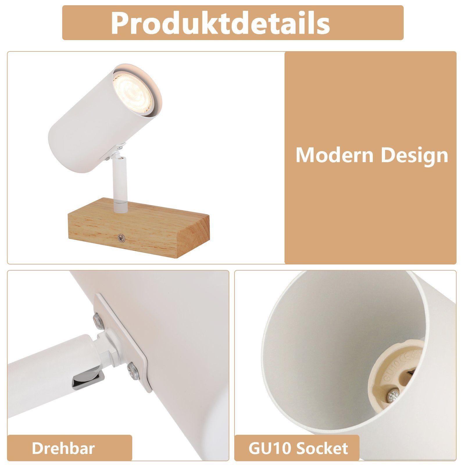 NETTLIFE Foco de Techo 1 Bombilla Lámpara de Pasillo Pasillo de Madera Lámpara de Techo Blanca Metal Moderno GU10 350° para - 5