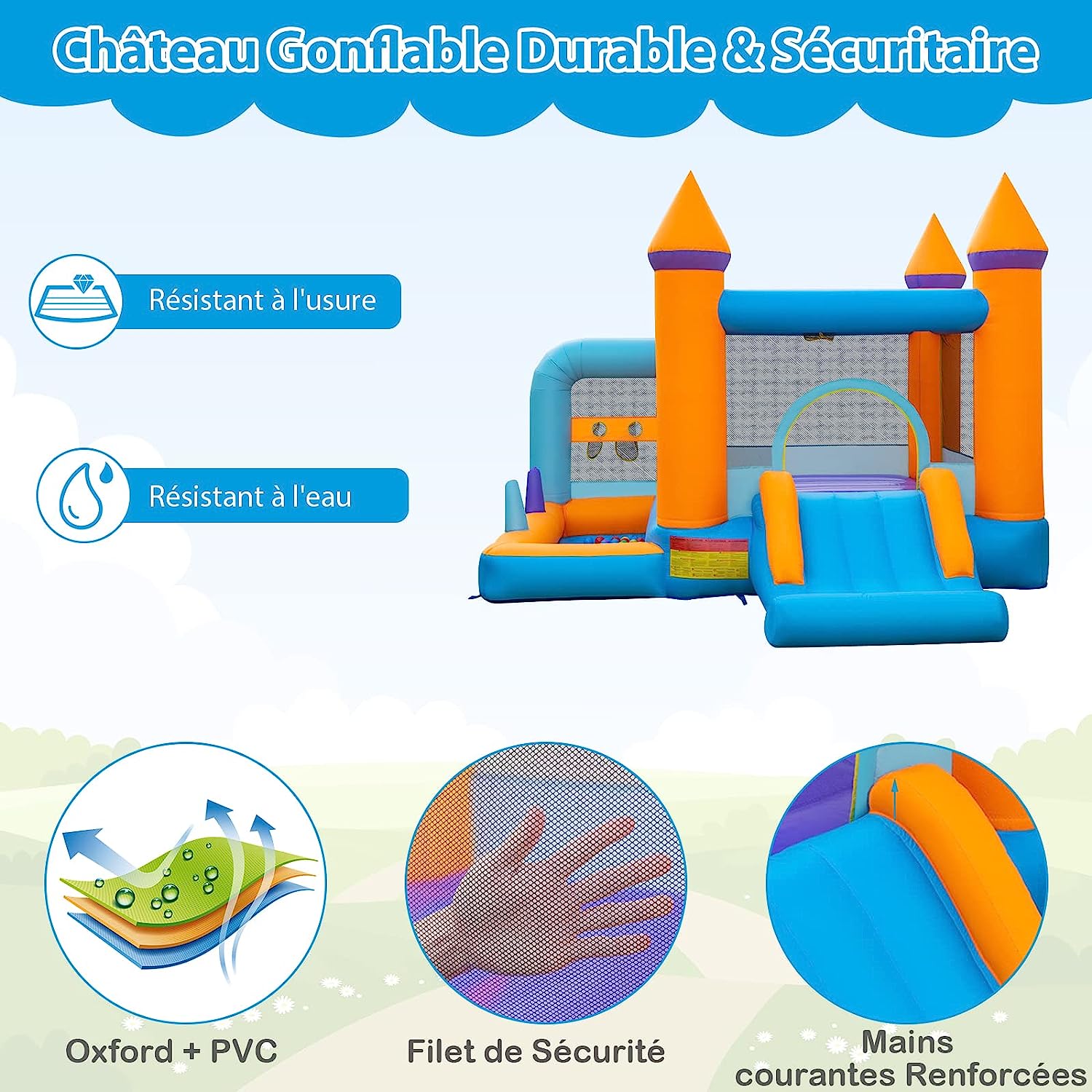 Castello Gonfiabile 5 in 1 con Soffiatore 735W, Casa Gonfiabile per Bambini con Scivolo, Trampolino, Piscina e 50 Palline, Lancio di Anelli e - 3