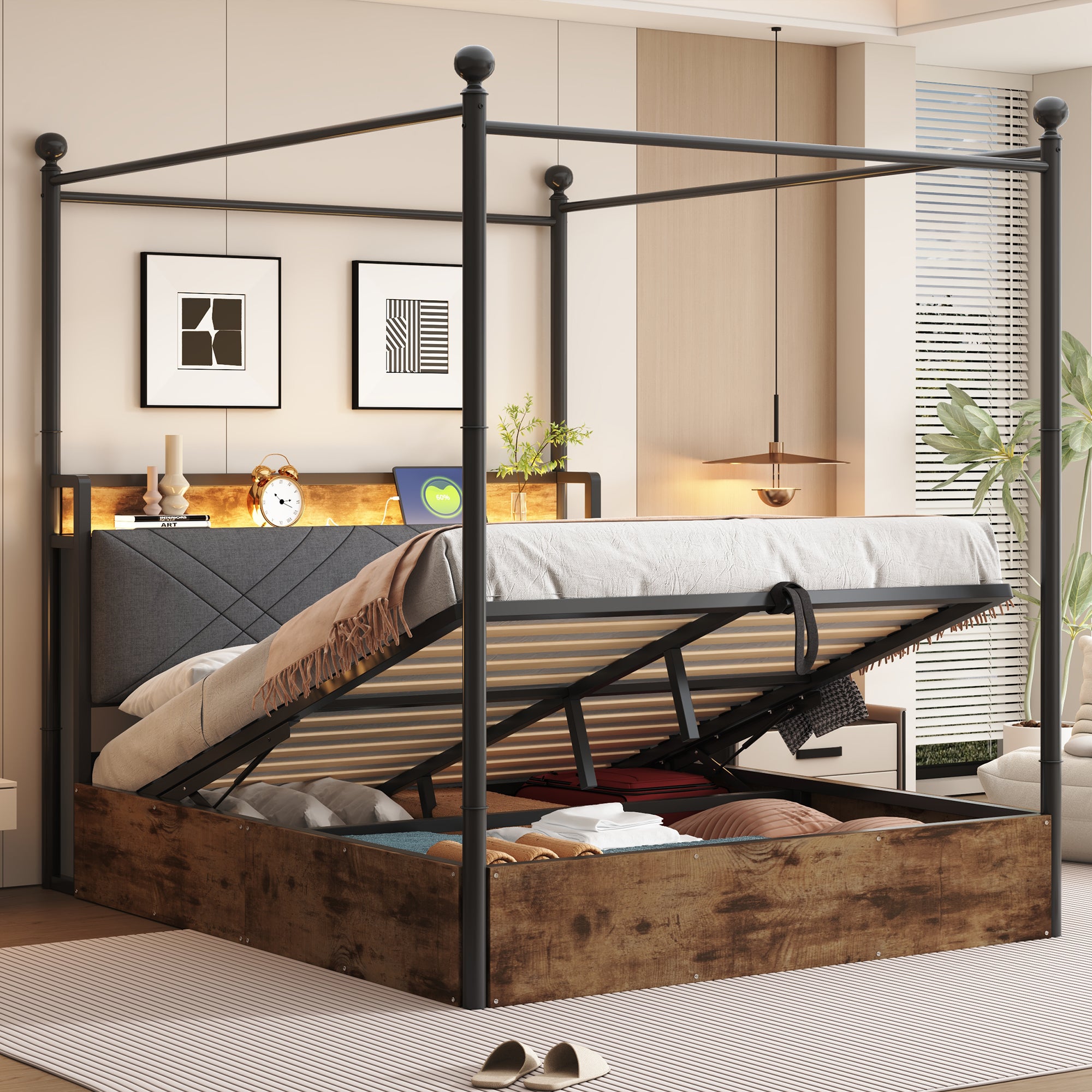 Łóżko z baldachimem 140 x 190 cm ze schowkiem i USB/Type-C - Żelazo + sklejka + MDF - Diody LED - Czarne i drewniane (bez materaca)