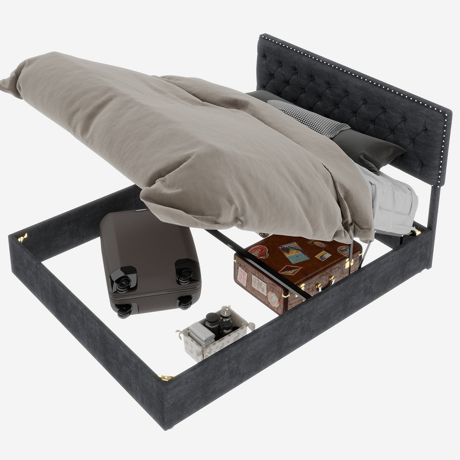 Letto contenitore matrimoniale 160x200 cm, doghe in legno, testiera, velluto grigio, senza materasso - 3