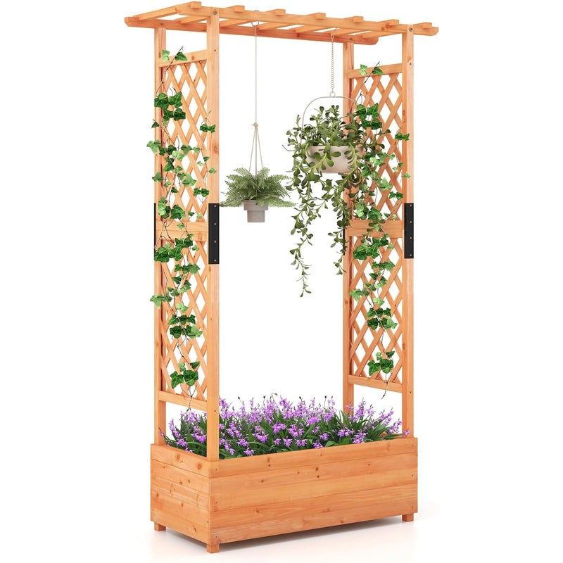 Podwyższona Skrzynka Ogrodowa z Kratką, Drewniane Łóżko Ogrodowe z Wiszącym Dachem, Otwory Drenażowe, 110 x 44 x 182 cm