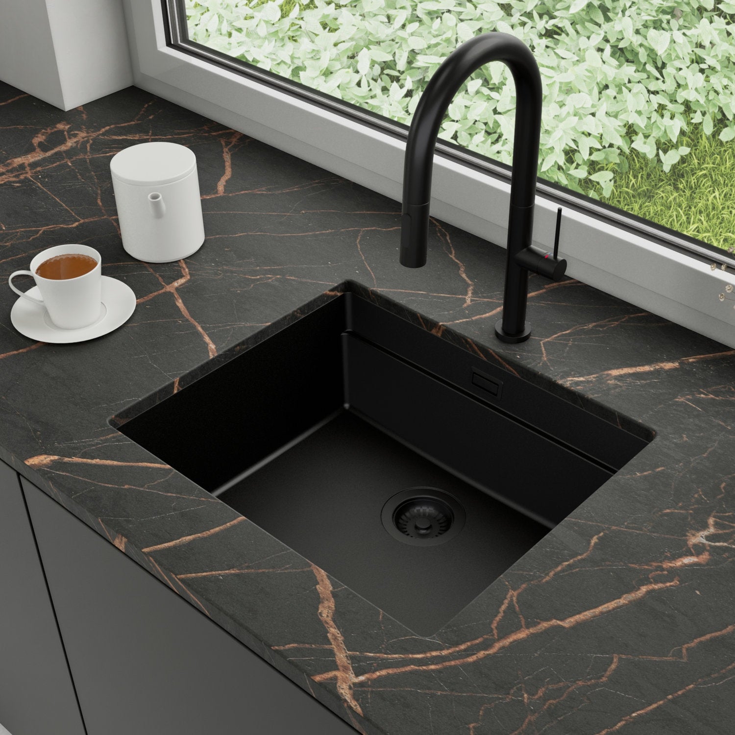 Zlewozmywak podblatowy 56x47cm, do szafki od 60cm + Bateria + Syfon - Coral Cały Czarny STONESTYLE