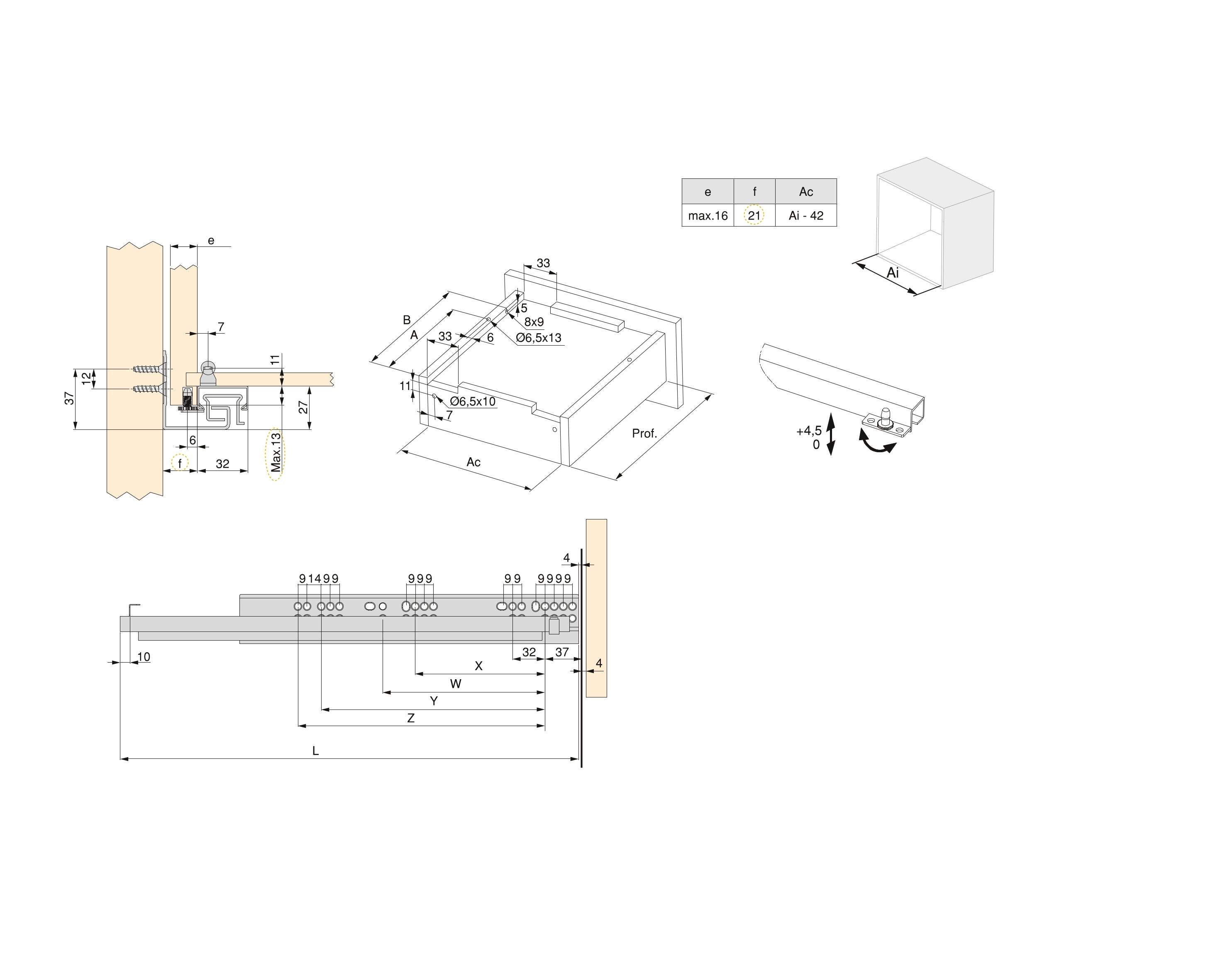 Emuca Jeu de coulisses invisibles Silver, coulisse à sortie totale, push, profondeur 450mm, Acier, Zingué - 4