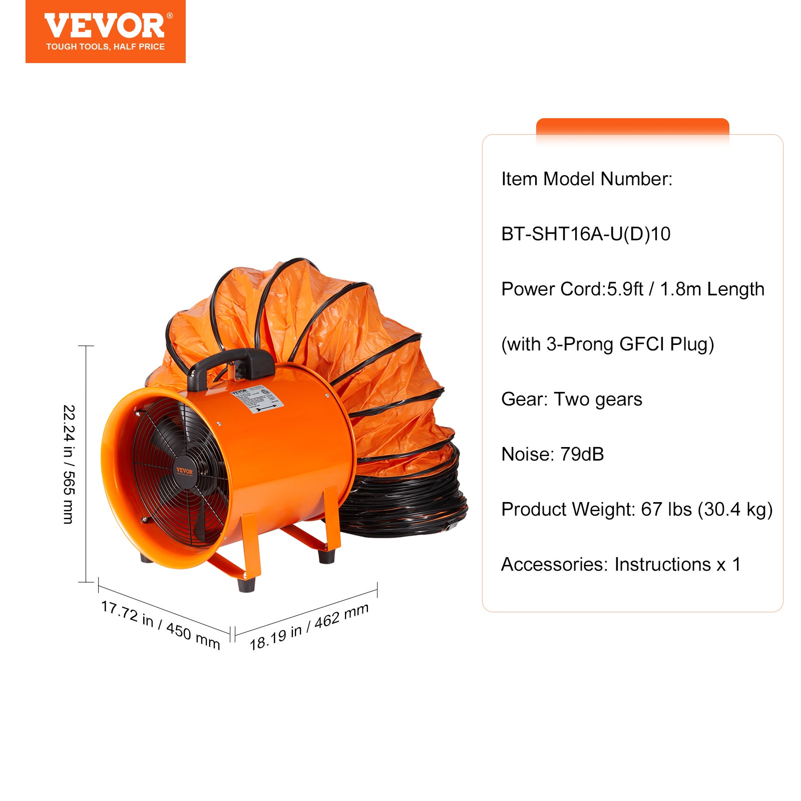 Ventilateur d'Extraction 900 W Extracteur d'Air Conduit Industriel 406,4 mm Tuyau Extraction 10 m Volume d'Air 8792 m3/h Ventilateur Évacuation VEVOR - 7