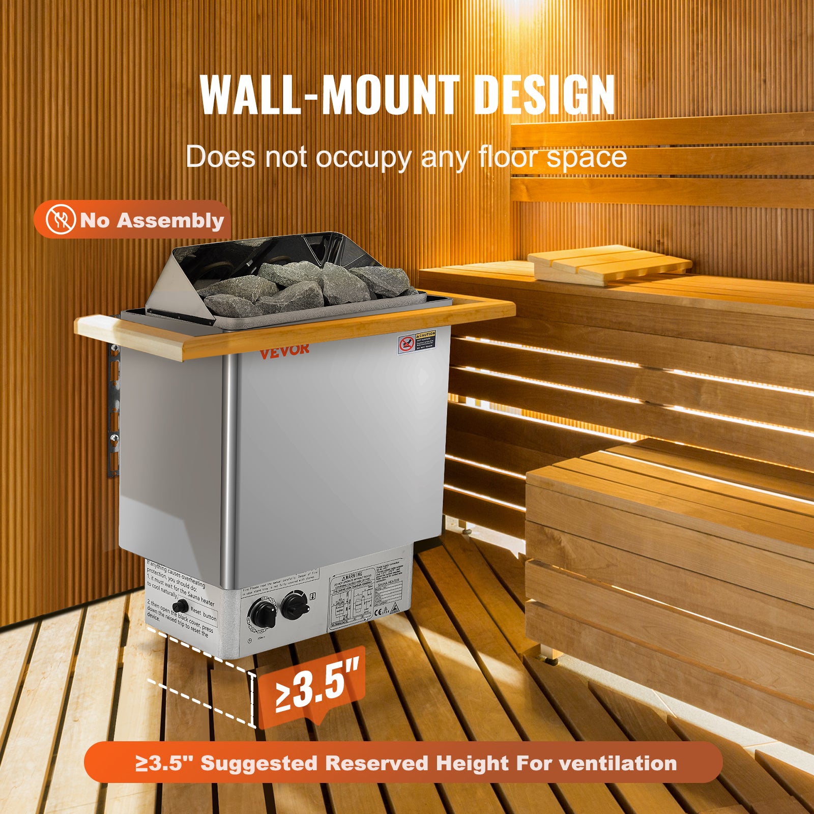 Poêle Sauna Électrique VEVOR, 8 kW, 400 V 3 N, avec Minuterie 3 h, Contrôleur Intégré, 110℃ Max, pour Sauna 8-12 m³, Spa Hôtel, Pierres Non Incluses - 6