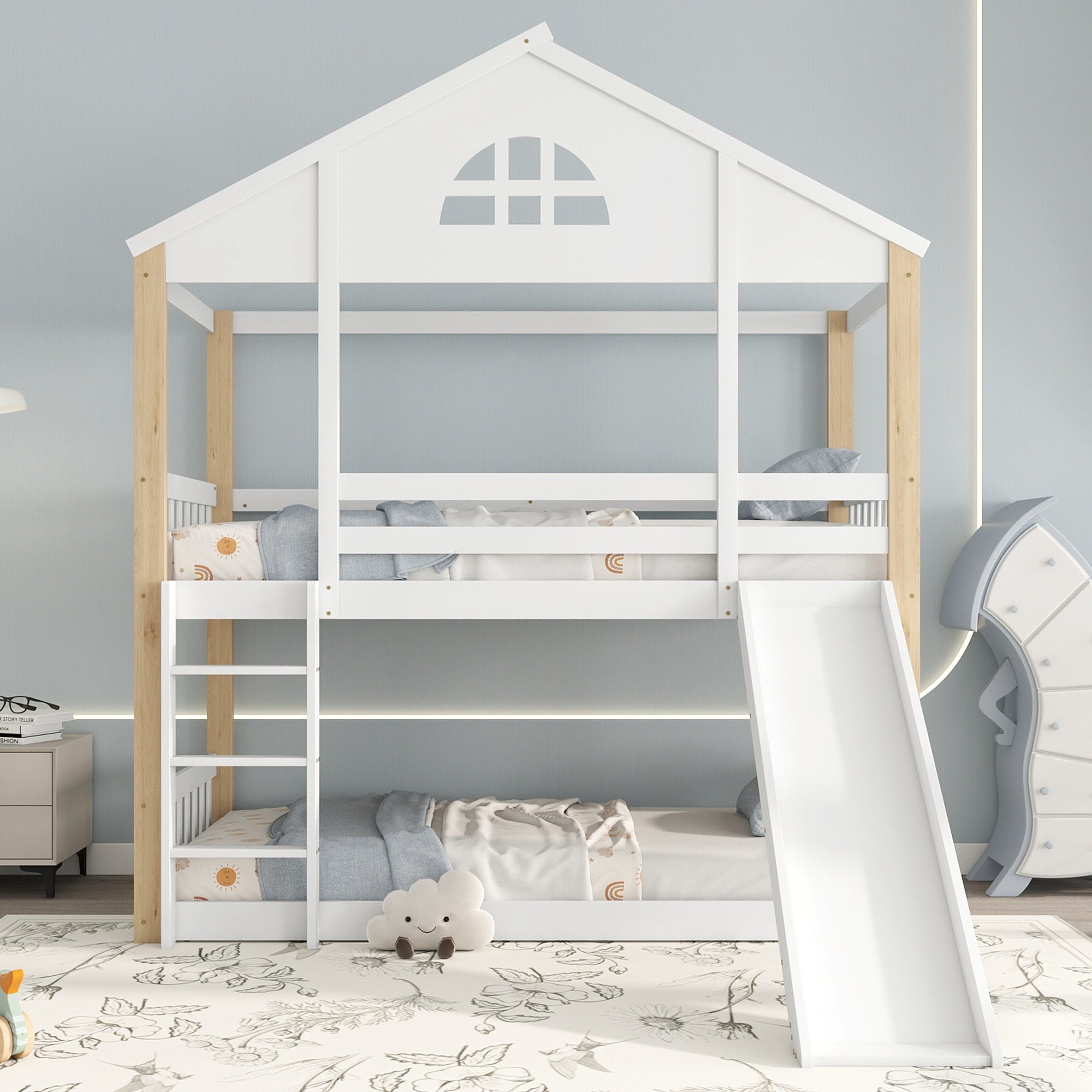 Lit Mezzanine Enfant 90x200 Cm Avec Bureau Et Armoire - Blanc, Pin Et MDF, Charge Max 120kg, Livré En 4 Colis