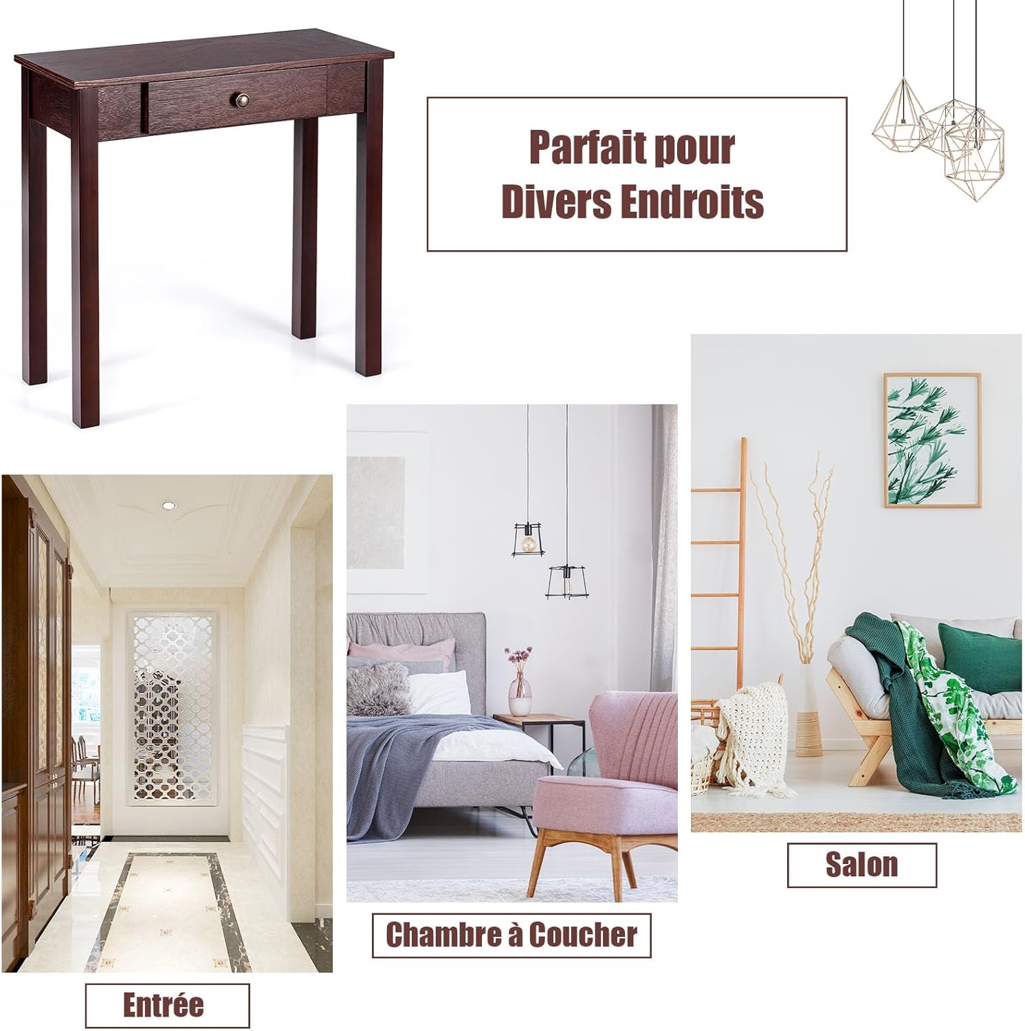 Table Console avec Tiroir, Table de Chevet avec Pieds en Bois Massif, Table d’Appoint pour Salon, Salle de Bain, Couloir (Marron) - 5