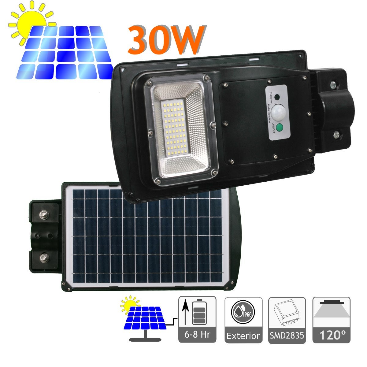 Lampa uliczna LED 30 W Solarowa zewnętrzna IP67 Zintegrowany panel 60 LED 800 lumenów, 6500 K zimna biel, pilot zdalnego sterowania