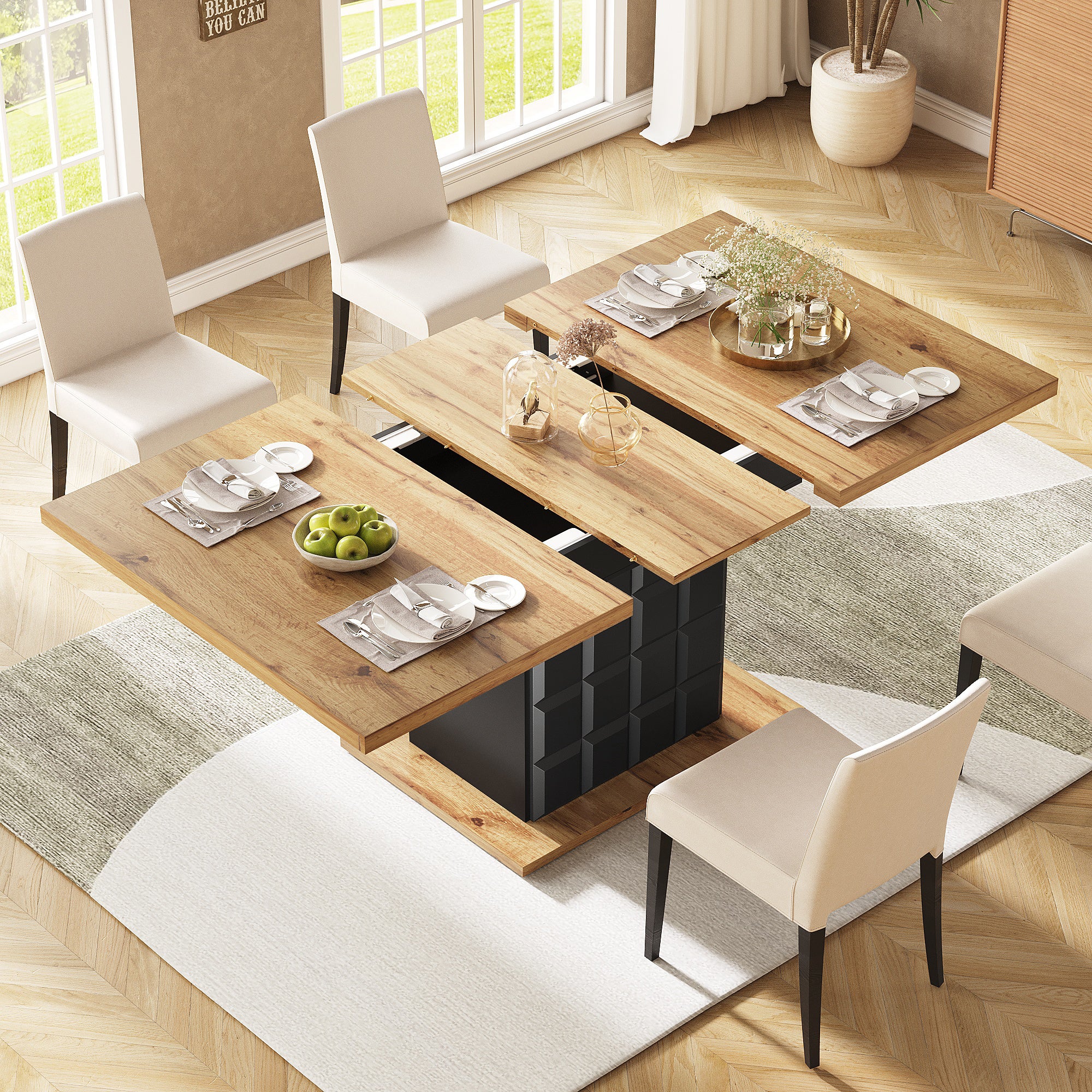 Table à manger extensible 4 à 6 couverts avec 2 portes - 110/140 x 80 x 75 cm - MDF - Noir + naturel - 6