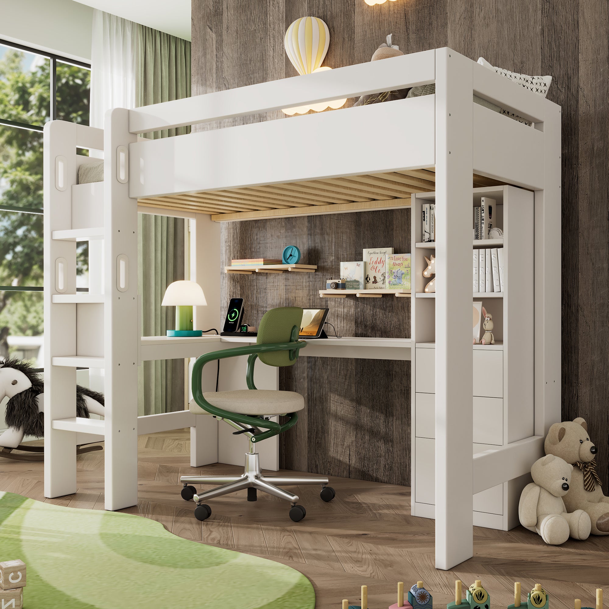 Łóżko piętrowe 90 x 200 cm z biurkiem w kształcie litery L, 3 szufladami i półkami - Ładowanie USB i typu C - Drewno lite + MDF - Białe (bez materaca)