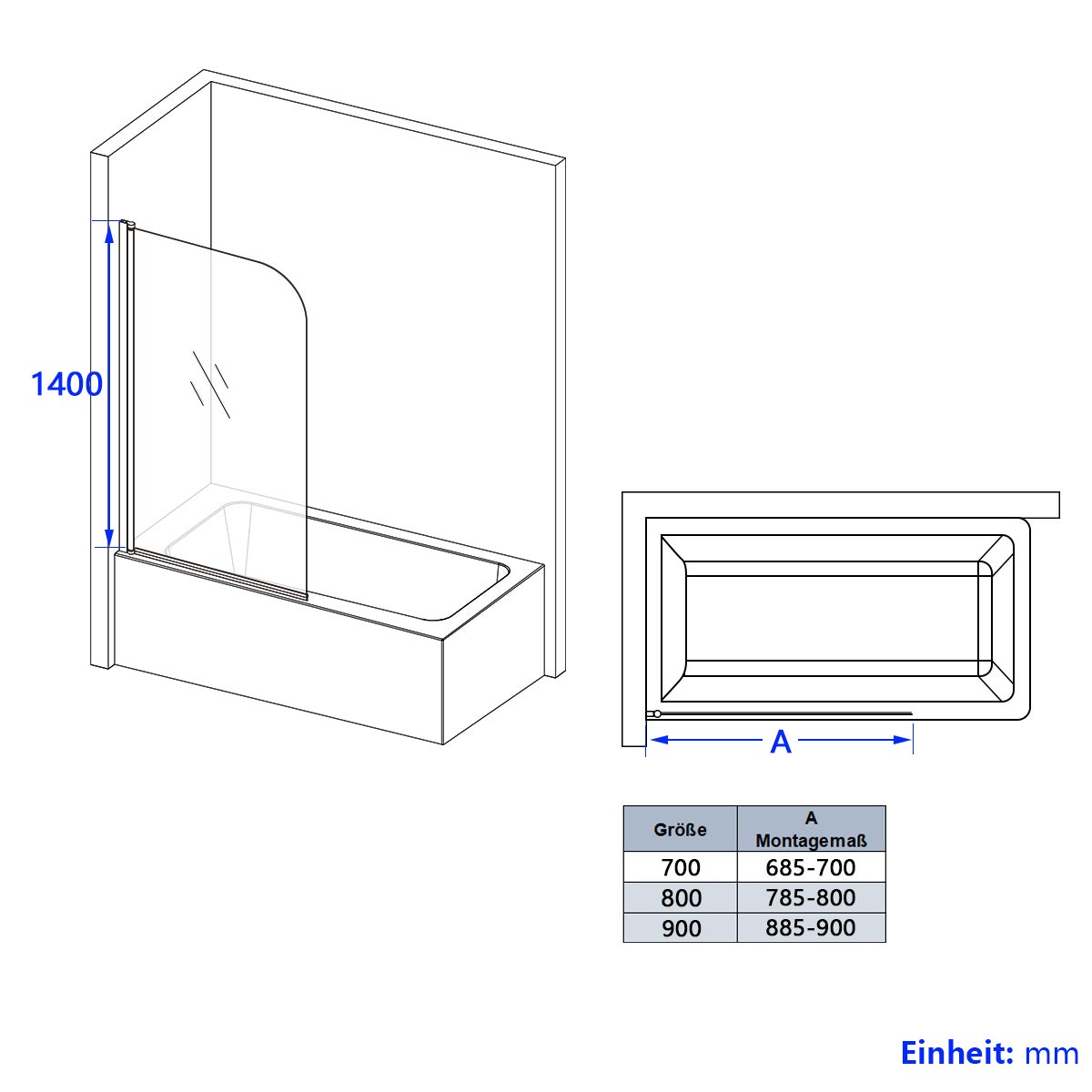 EMKE Pare de baignoire en 6 mm verre securit Paroi de douche pour baignoire 70 x 140 cm Revêtement Nano facile à nettoyer - 8