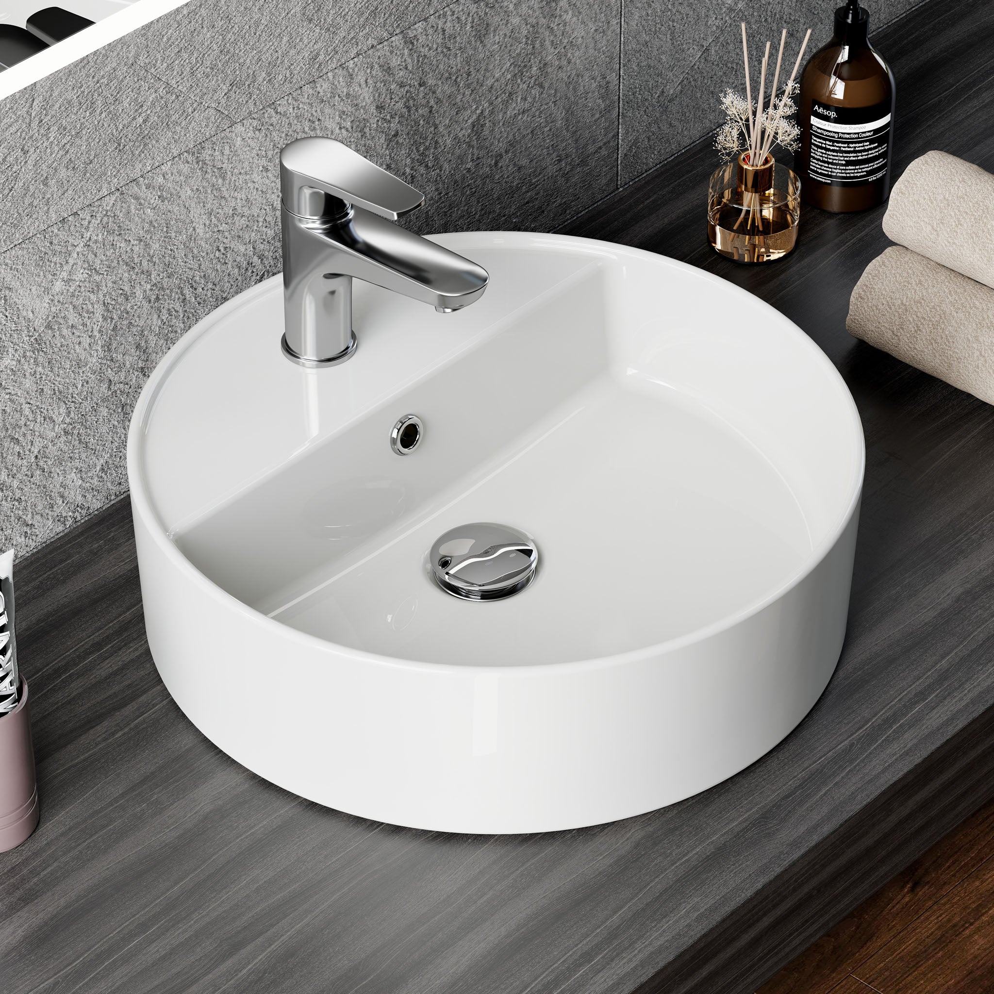 HOROW Umywalka nablatowa, okrągła, biała, z otworem na baterię i przelewem