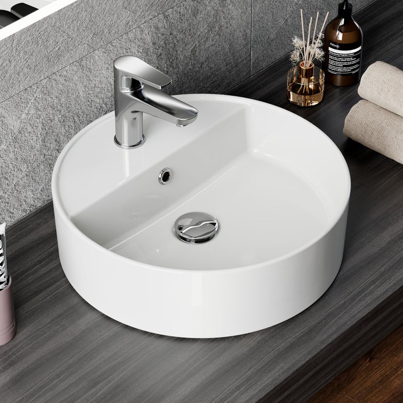 HOROW Umywalka nablatowa, okrągła, biała, z otworem na baterię i przelewem