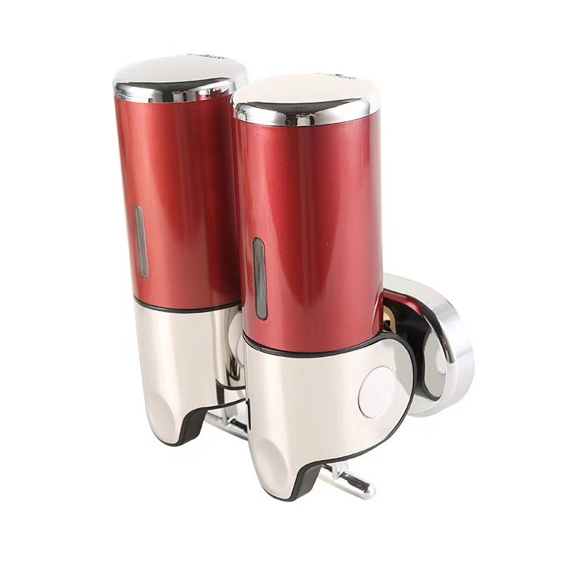 Dozownik do mydła montowany na ścianie (czerwony) 500 ml x 2, dwugłowicowy dozownik do mydła w płynie, żelu pod prysznic i szamponu, idealny do kuchn