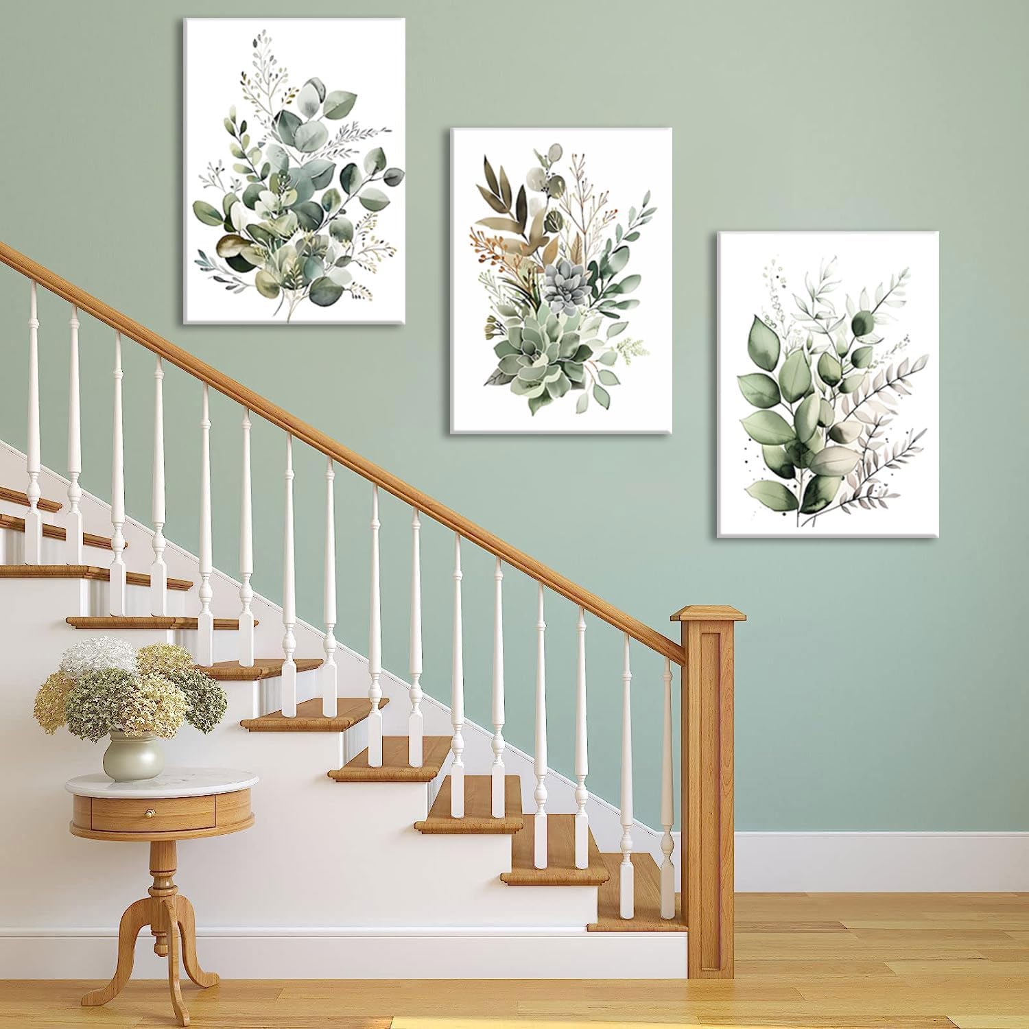 Un ensemble de trois tableaux encadrés, aquarelles florales sur toile, dans un style bohème minimaliste moderne (tableaux seulement). - 3